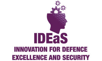 A profile view of a head with the number five. Three gears come out of the head. Text on image: 5 years – 2018-2023. IDEaS Innovation for Defence Excellence and Security.